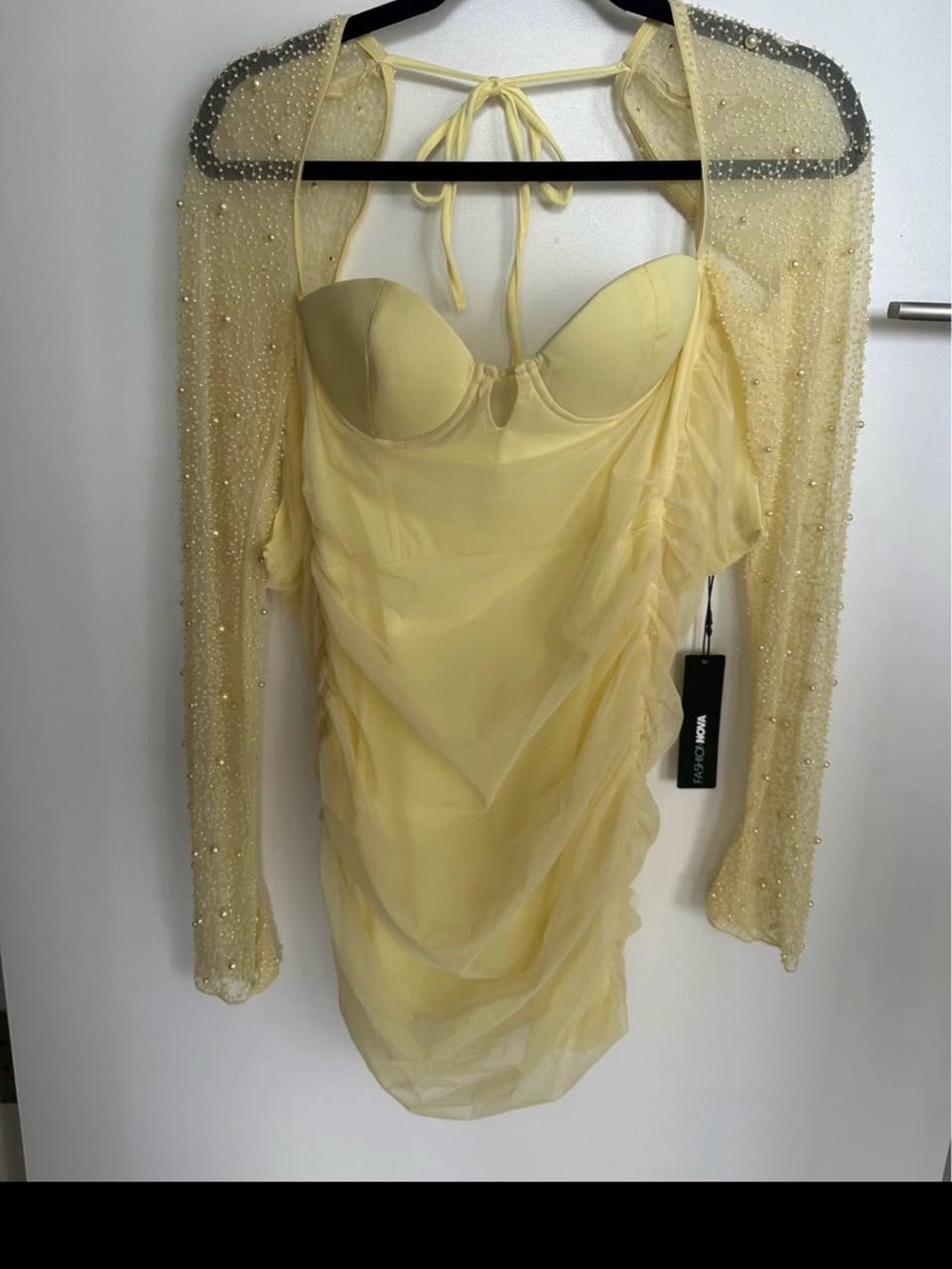 Fashion Nova Yellow Ruched Mesh Mini Dress with Beaded Bolero